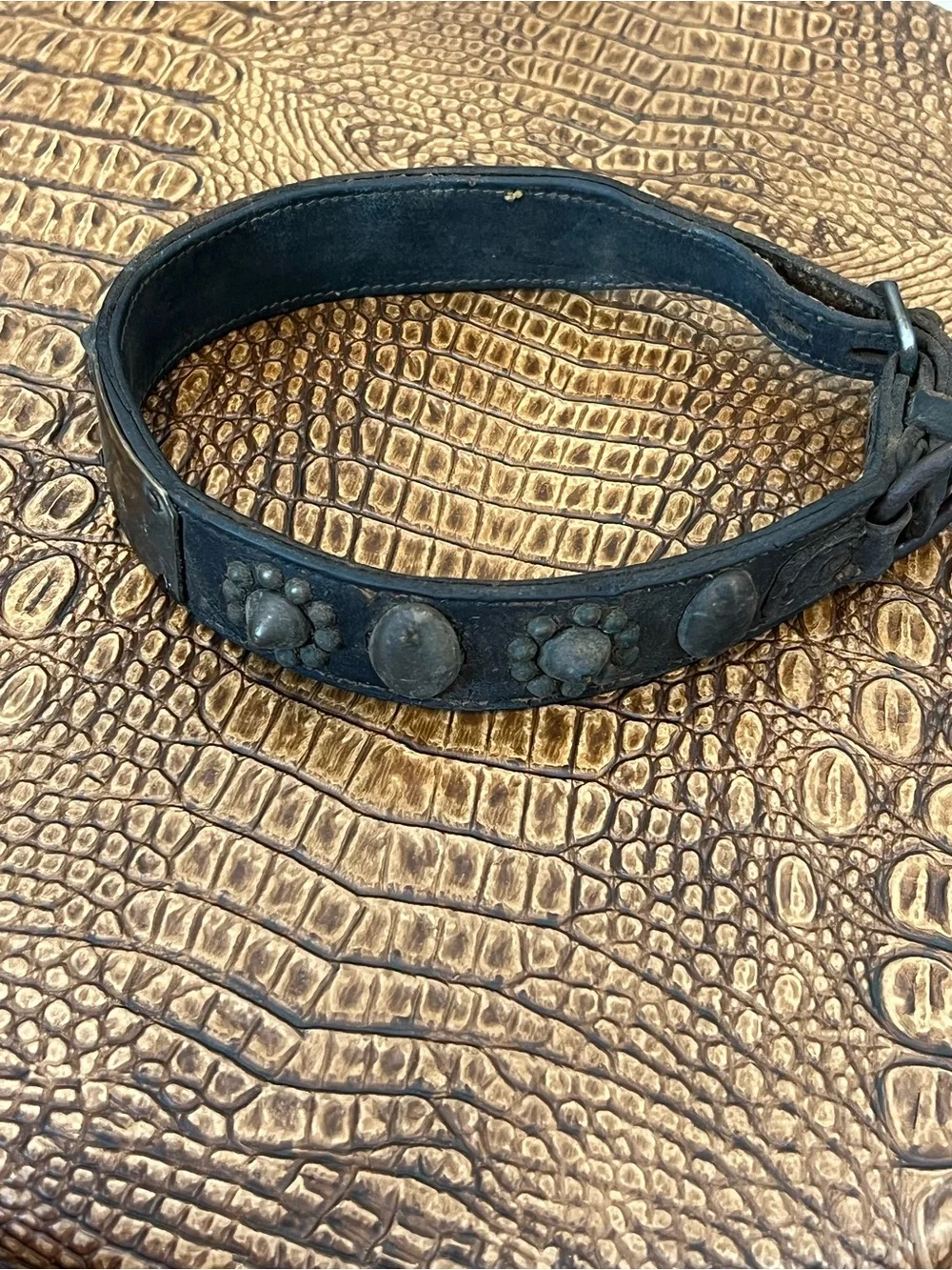 Vintage 18-19th Century Leather Dog collar with Brass Studs and Pawprint Conchos